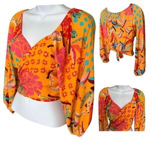 Long Sleeve Tie Back Wrap Tropical Print Crop Top Size M